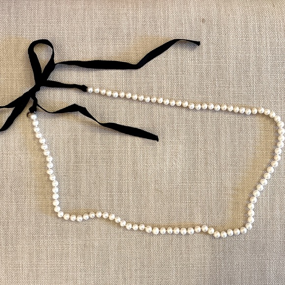 J.Crew Long strand of real pearls necklace with ribbon tie